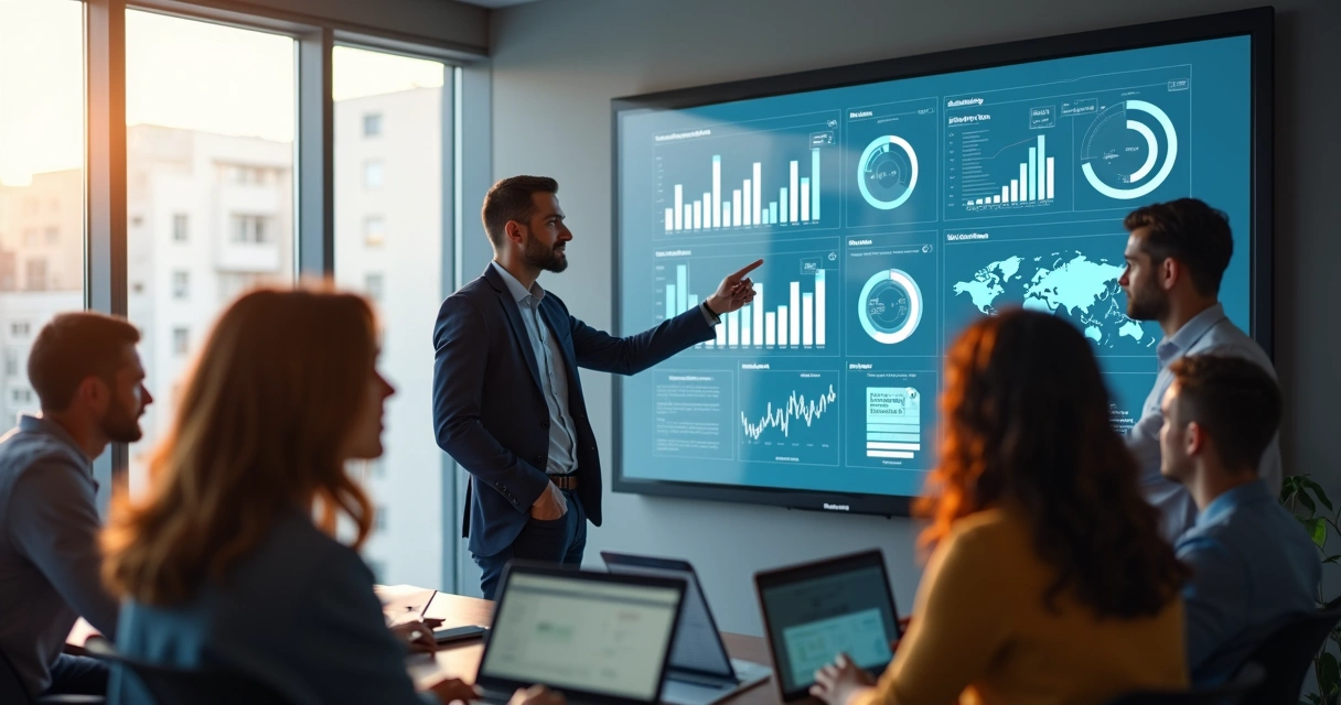 Equipe reunida em torno de dashboard projetado na parede 