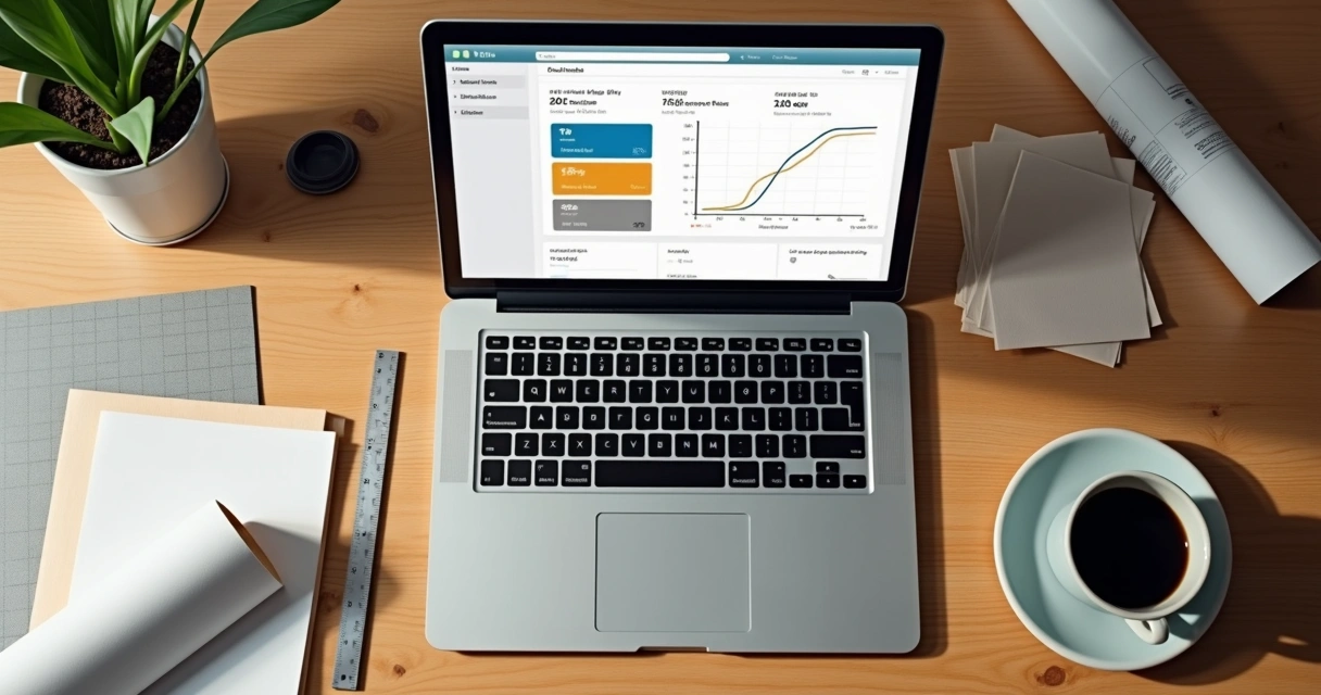 Laptop com curva ABC e materiais gráficos ao redor 