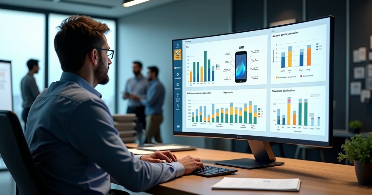 Gestor observa painel digital comparando custo de aplicativo integrado a sistemas legados e nuvem 