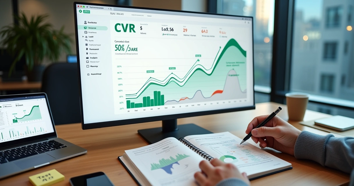 Tela com dashboard de métricas destacando aumento de CVR em gráfico de conversão 