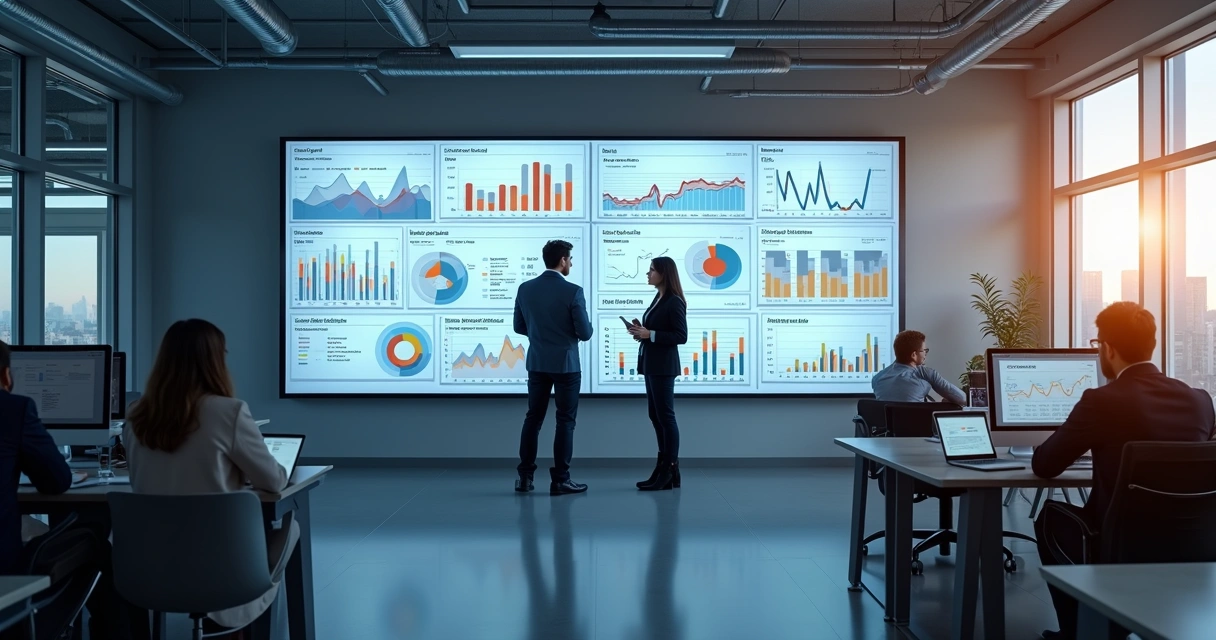 Dashboard colorido com dados de vendas em tela grande 