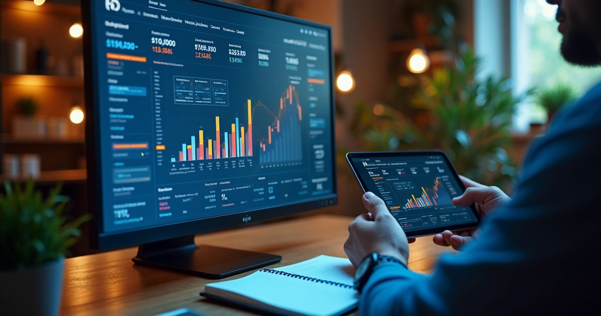 Painel digital com gráficos financeiros e dados de crescimento 