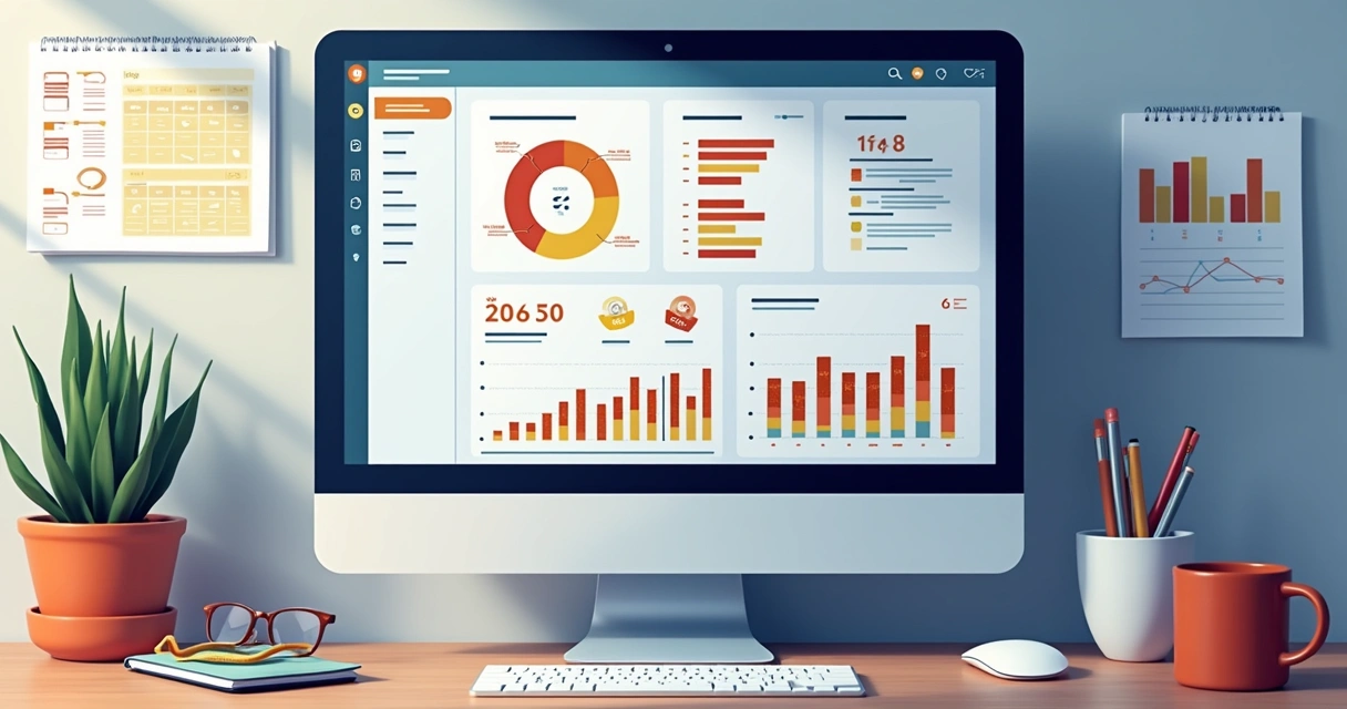 Painel financeiro com gráficos contábeis e tela do sistema 