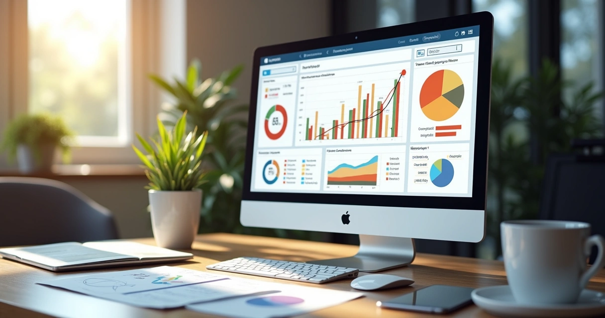 Dashboard na tela de computador mostrando dados de crescimento empresarial em gráficos detalhados 