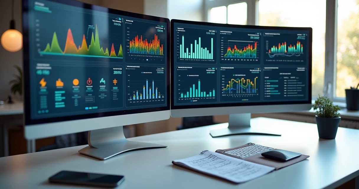 Dashboard de análise de dados de empresa exibindo gráficos e tabelas em tela de computador