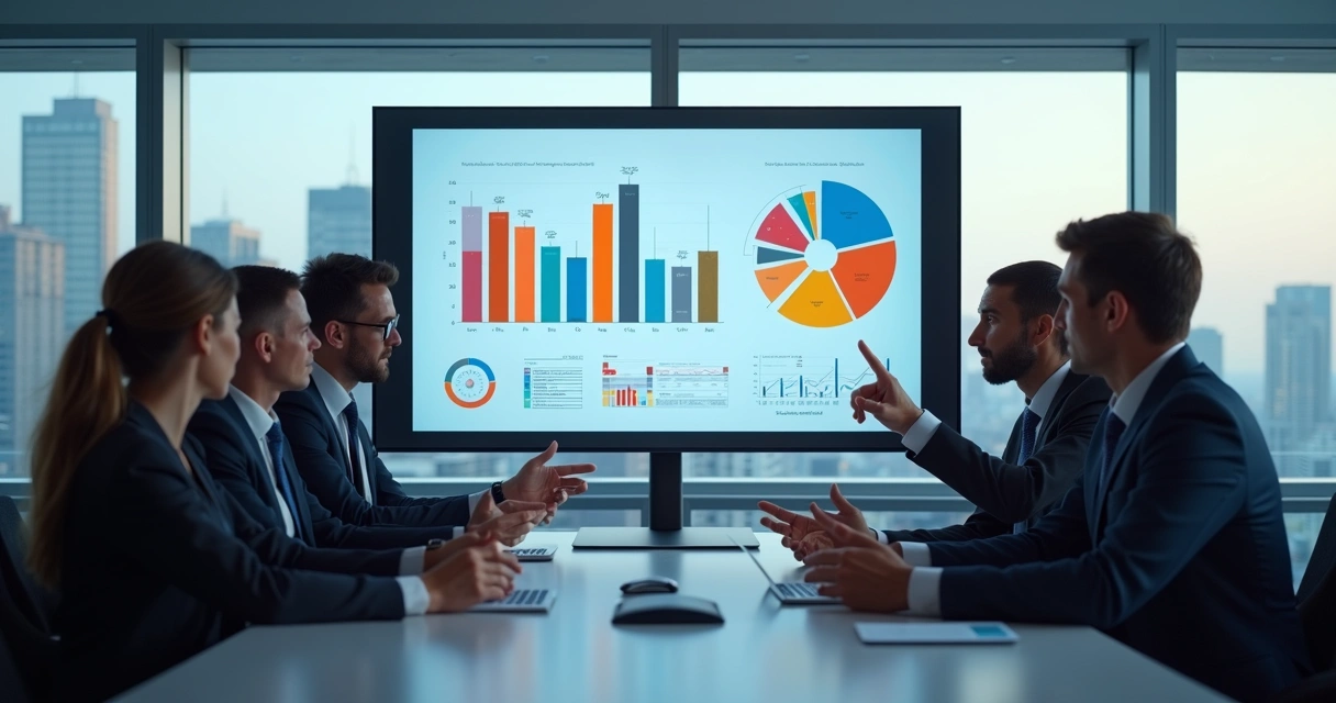 Gráfico de barras colorido em tela grande de computador em uma sala de reunião 