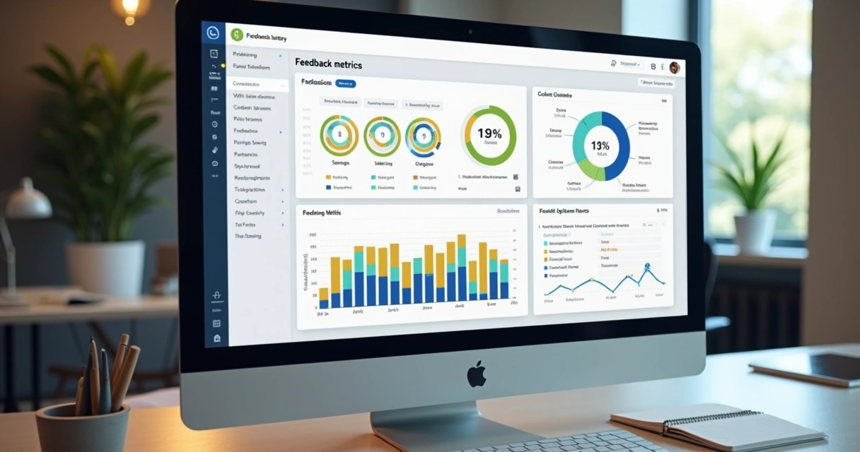 Dashboard colorido exibindo gráficos de feedbacks e métricas de satisfação de clientes. 