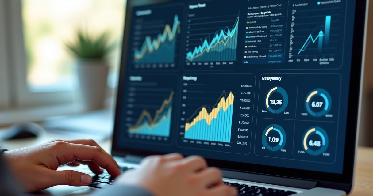 Painel digital com gráficos de dados financeiros transparentes e indicadores de crescimento 