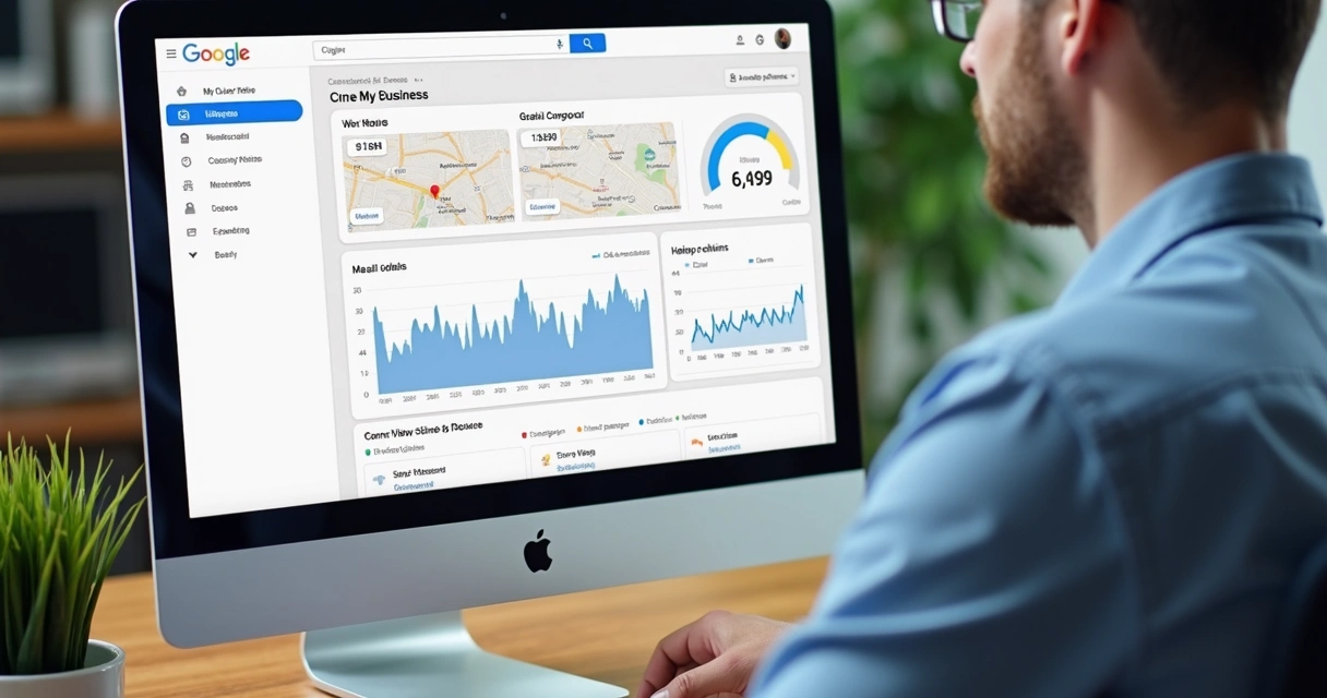Tela de computador exibindo dashboard de Google Meu Negócio com dados de oficina 