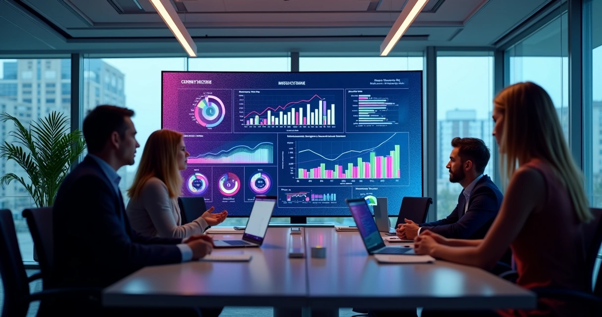 Dashboard digital de IA mostrando gráficos coloridos em tela grande em escritório pequeno 