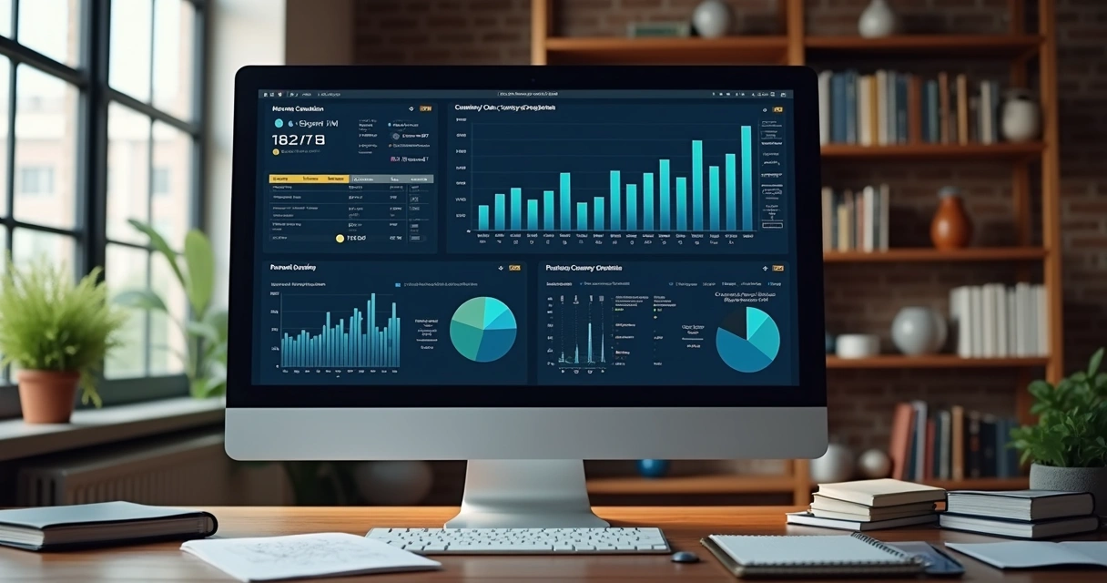 Dashboard analítico em monitor de escritório de advocacia 