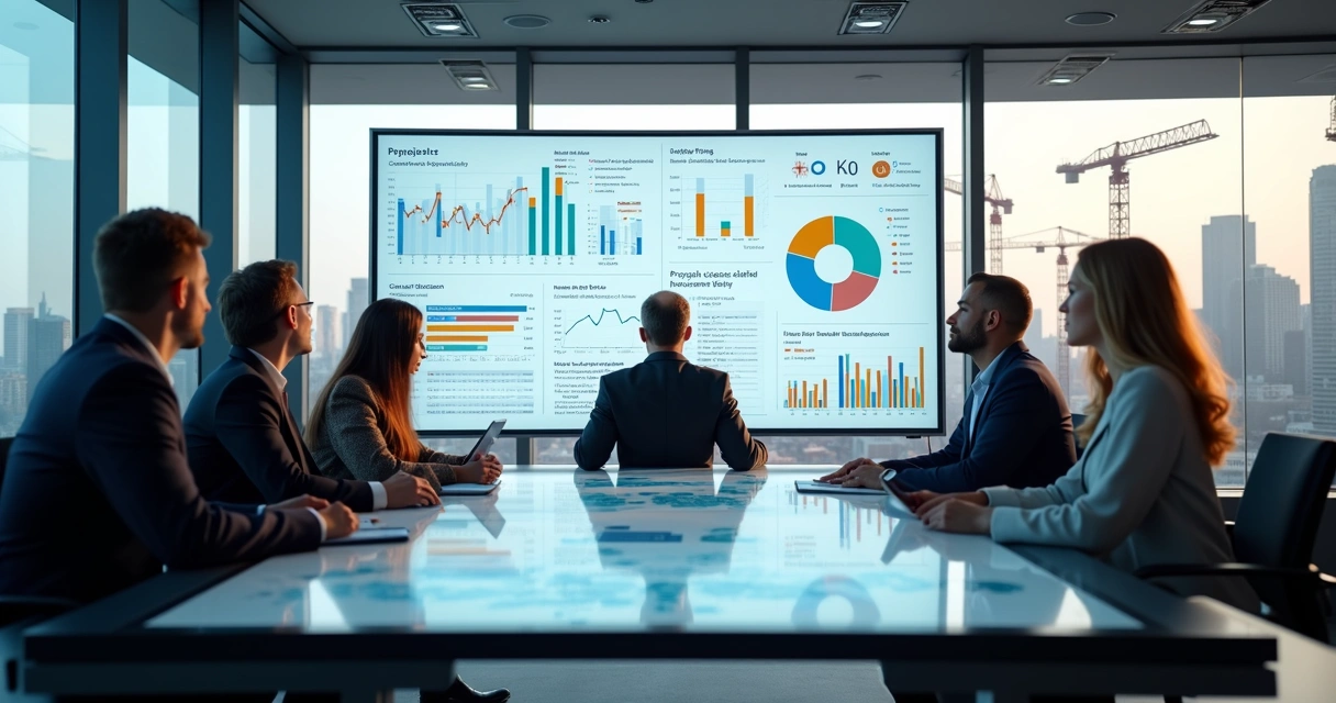 Dashboard com gráficos de desempenho, dados de obras e funil de vendas 