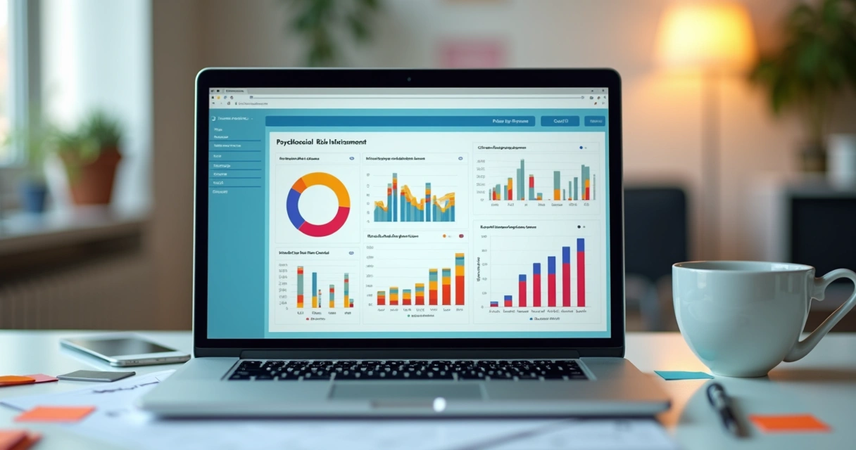 Dashboard na tela de computador exibindo dados de riscos psicossociais.