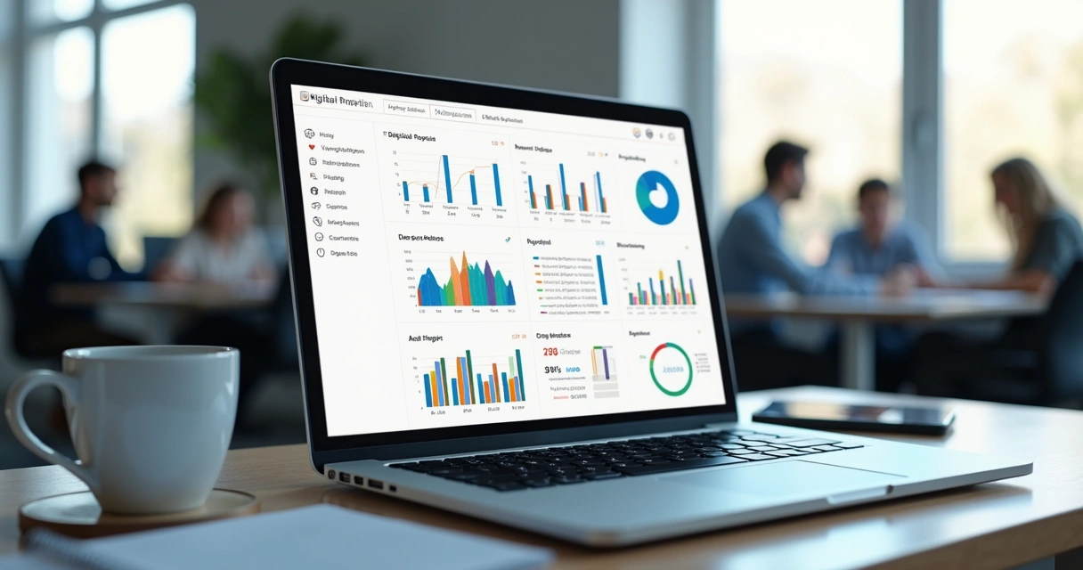 Dashboard mostrando métricas de propostas digitais em tela de notebook 