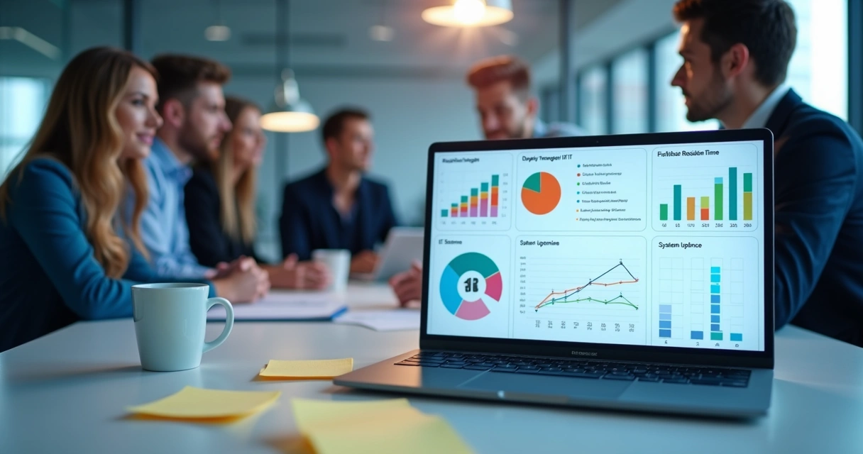 Dashboard com indicadores de desempenho de TI em tela de notebook e membros da equipe ao fundo 