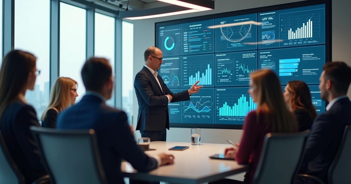 Executivos analisando painel digital de dados e gráficos preditivos 