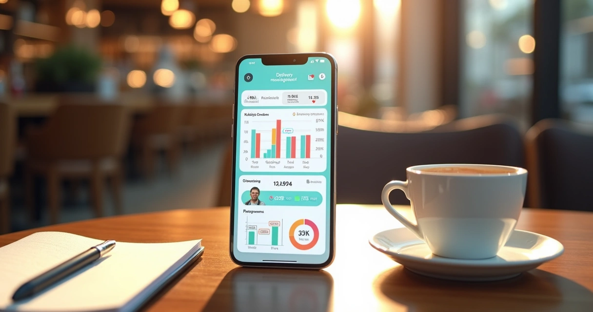 Dashboard de delivery com relatórios exibidos na tela do celular 