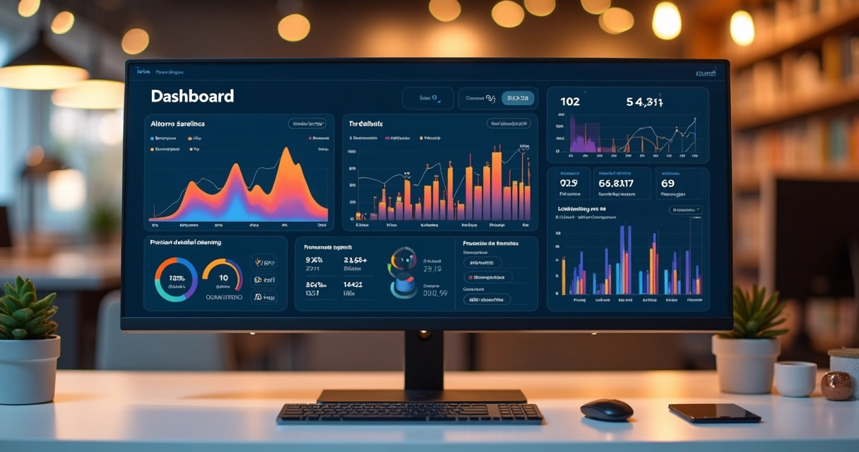Painel de analytics com gráficos de vendas e estoque em loja de celular 