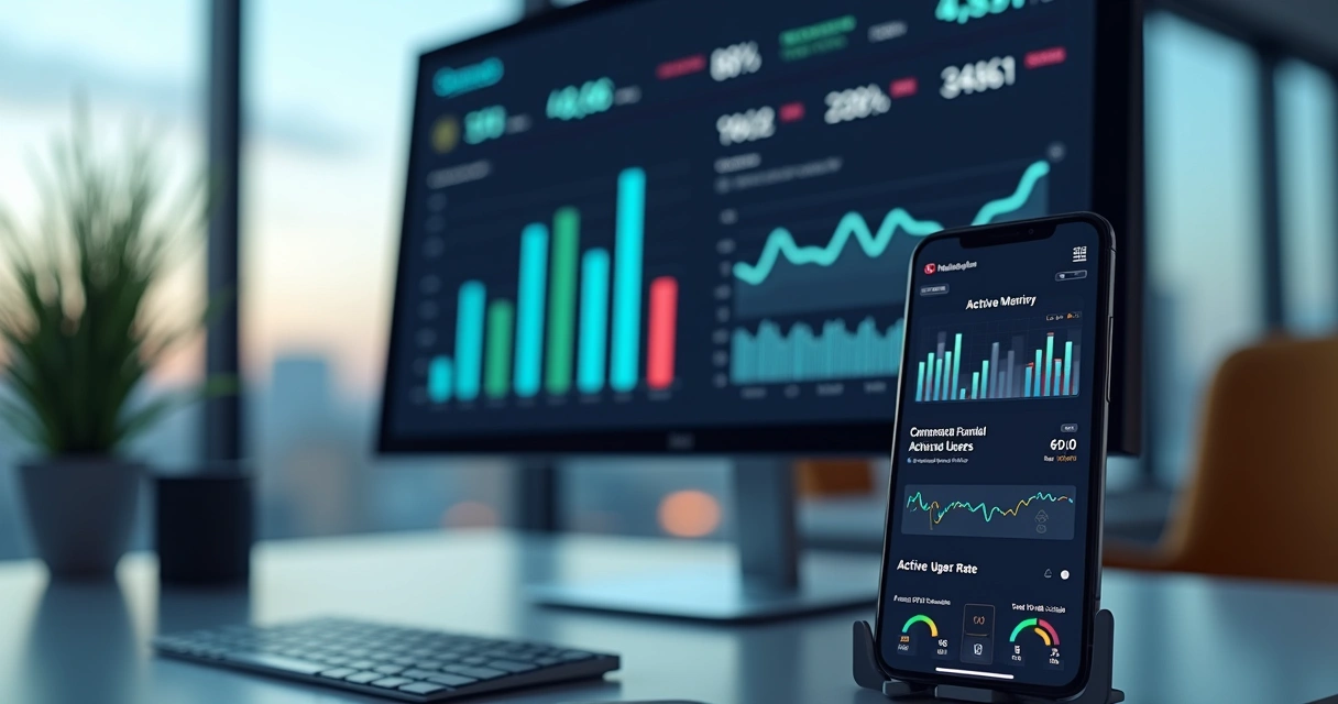 Dashboard com métricas de app em tela grande 