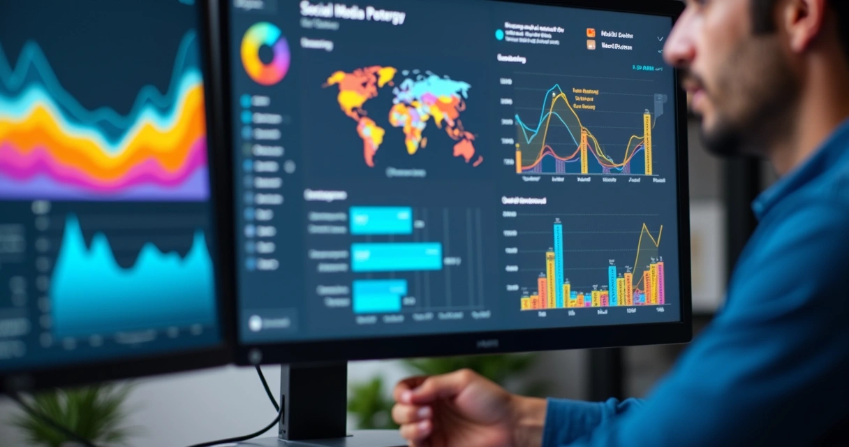 Monitor com painel de desempenho de redes sociais colorido. 