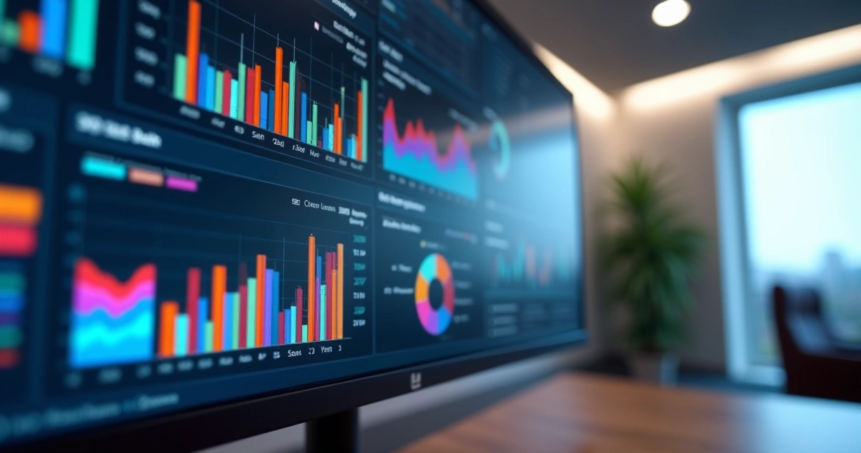 Dashboard de vendas em tela de computador com gráficos coloridos 