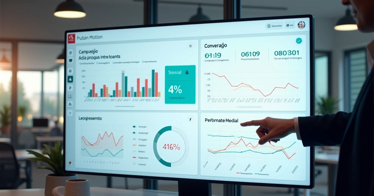 Dashboard digital exibindo métricas de campanhas pagas, gráficos de desempenho e automação de marketing 