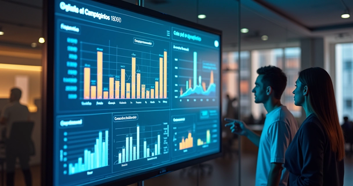 Dashboard digital apresentando gráficos de desempenho de campanhas 