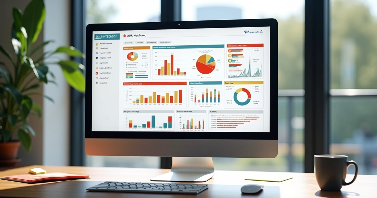Tela de computador mostrando dashboard de OKRs com gráficos coloridos e metas de agência