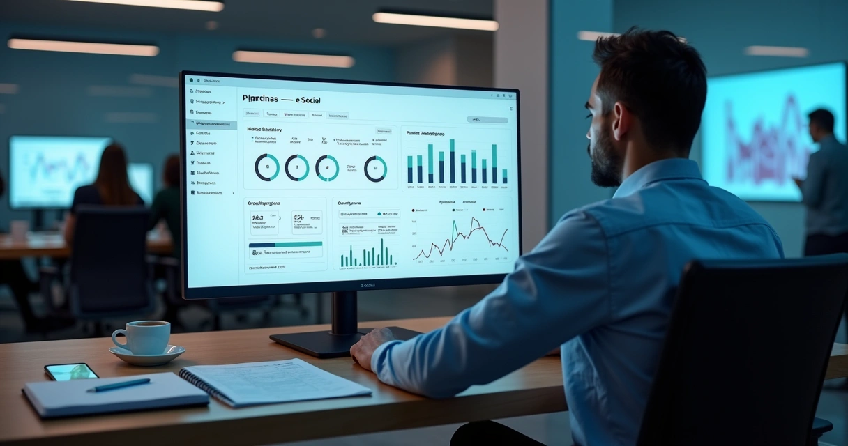 Empresário analisando painel digital com dados do e-Social na tela do computador 