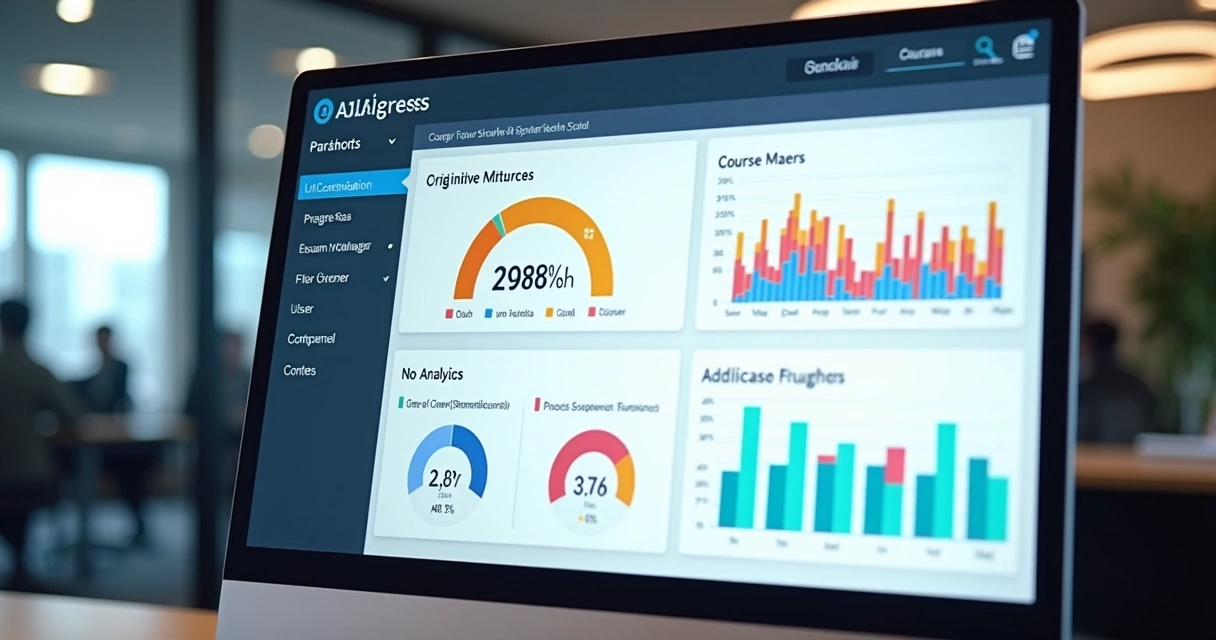 Dashboard de plataforma EAD corporativa com gráficos de progresso e cursos