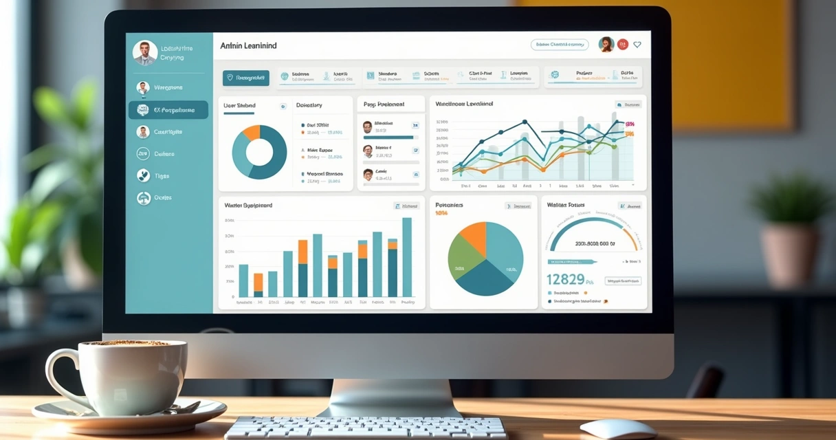 Painel administrativo de plataforma EAD com gráficos e métricas 
