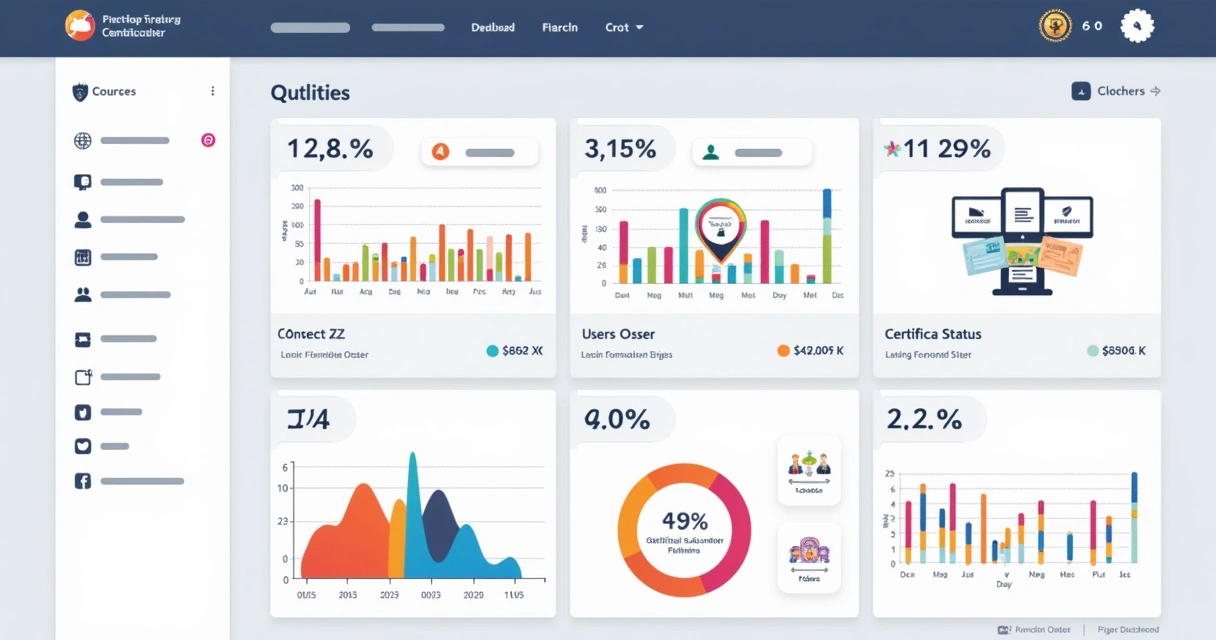 Tela de dashboard de plataforma EAD, com gráficos de relatórios de treinamento e certificação digital. 