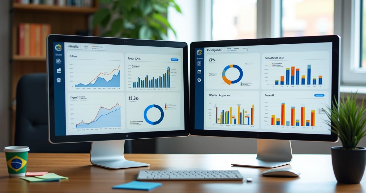 Dashboard digital mostrando KPIs de e-commerce e automações integradas 