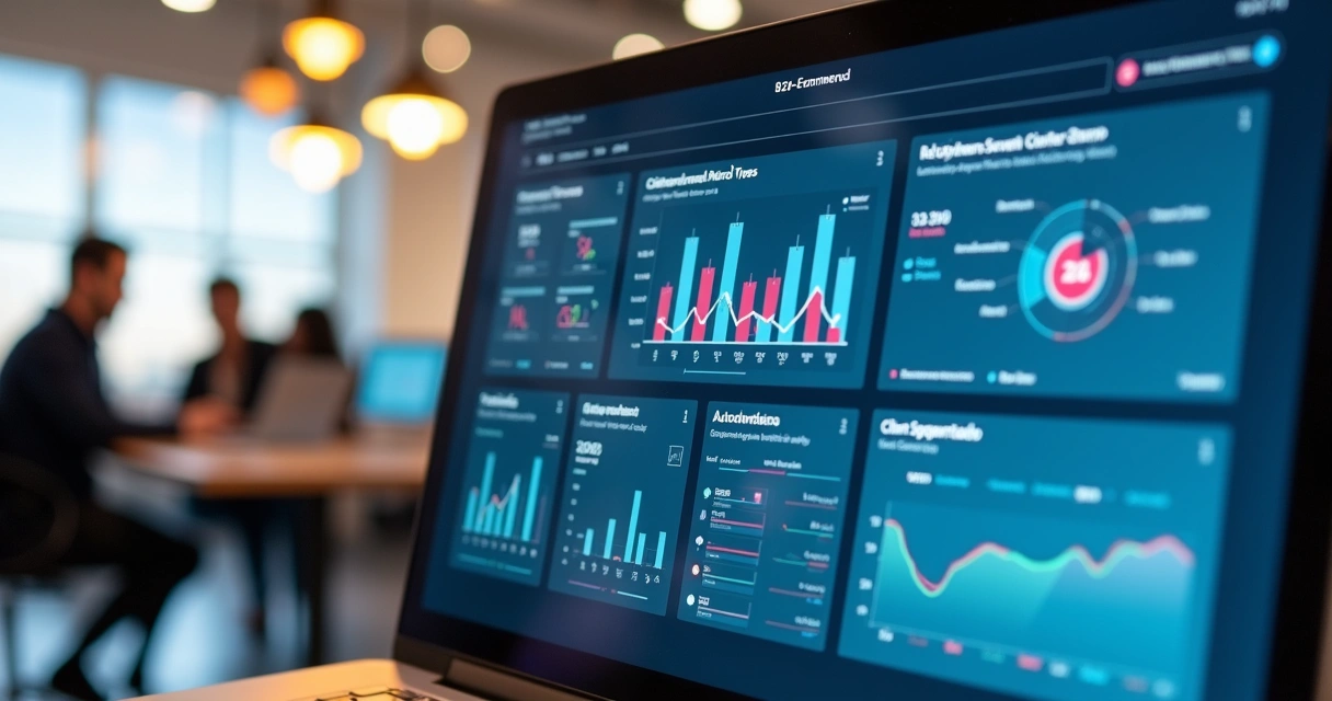 Dashboard de ecommerce B2B com gráficos de vendas e funcionalidades de autoatendimento 