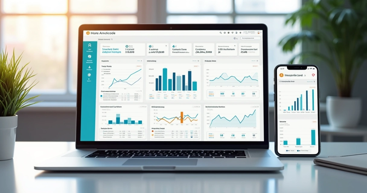 Painel com gráficos de métricas de ecommerce variando em telas digitais 