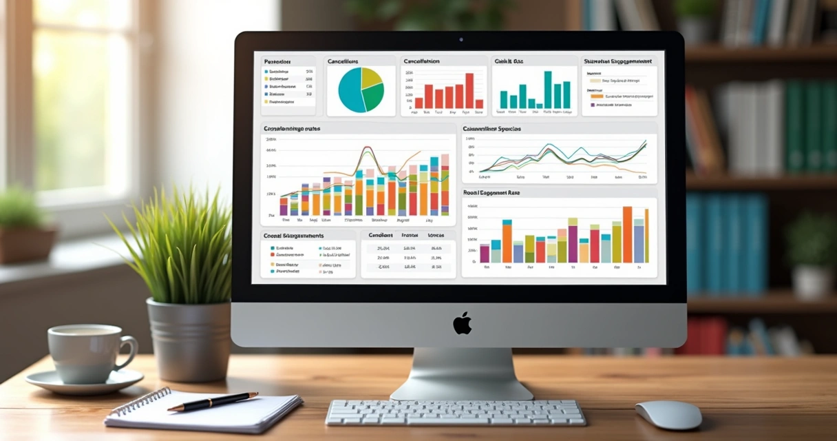 Dashboard mostrando gráficos de matrículas novas e canceladas