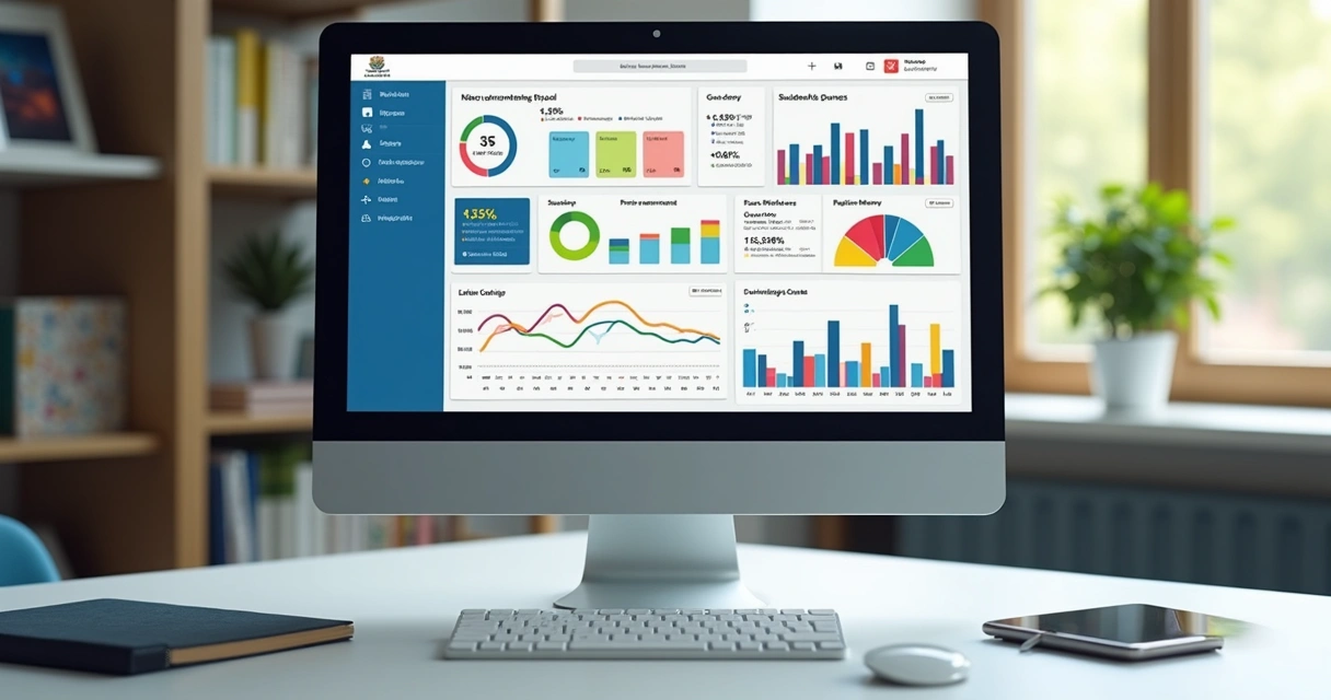 Dashboard digital de gestão escolar em tela de computador 