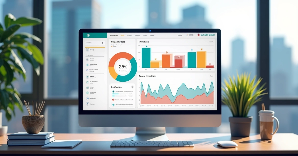 Tela de dashboard financeiro em monitor, com gráficos coloridos exibindo receitas, despesas e investimentos. 