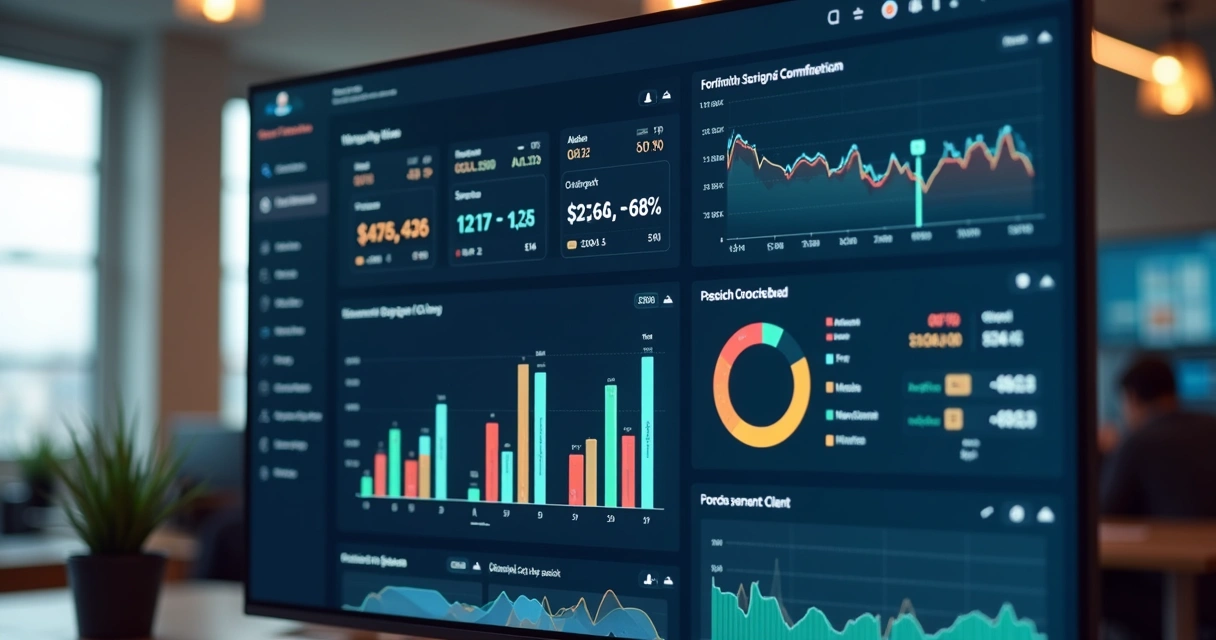 Dashboard digital exibindo gráficos financeiros, indicadores de clientes, taxas de cancelamento e alertas em tela grande 