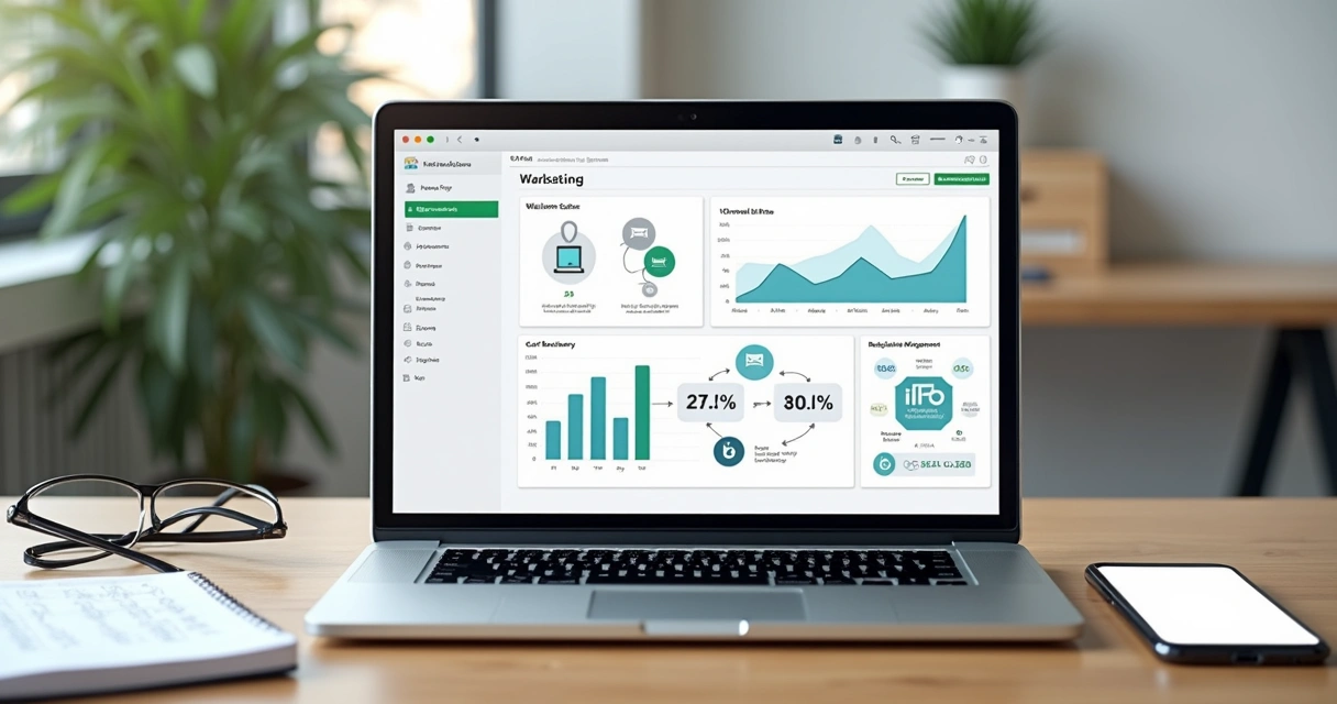 Painel de email marketing com automações e métricas em tela de notebook 