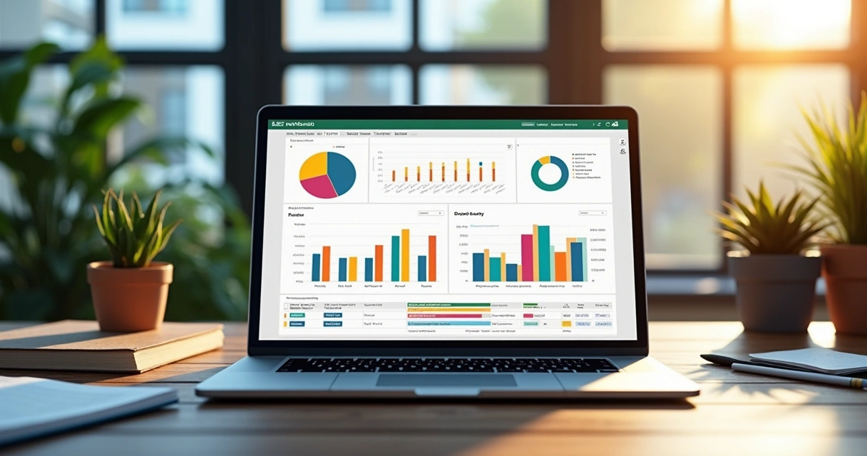 Painel gerencial com gráficos, tabelas e segmentações de dados em tela de um notebook 