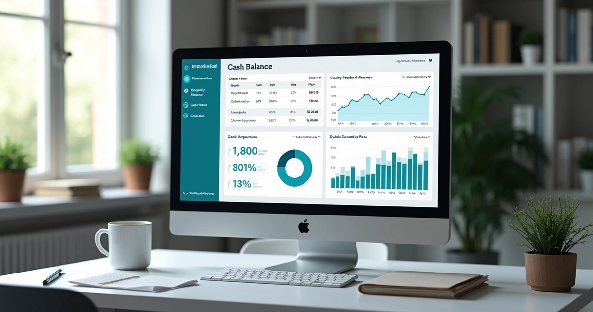 Dashboard com indicadores de saldo, fluxo e inadimplência