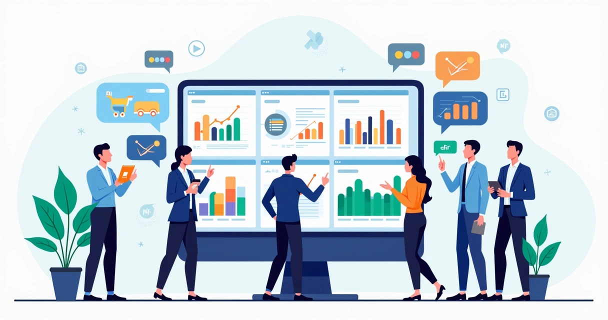 Dashboard corporativo colorido com vários gráficos em tela gigante em escritório moderno 