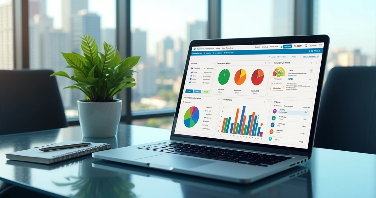 Dashboard de ERP exibido em notebook em ambiente corporativo nordestino