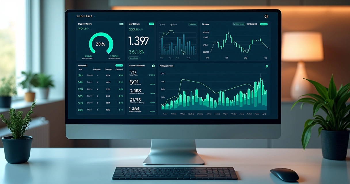 Dashboard empresarial com gráficos financeiros integrados, mostrando saldo e transações 
