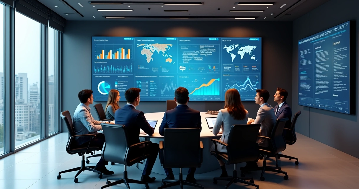 Vários profissionais reunidos em torno de uma grande tela de dashboard corporativo 