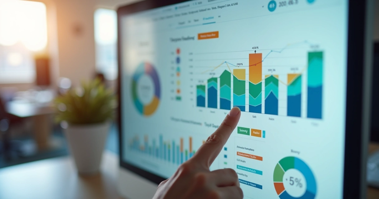Dashboard interativo colorido com gráficos e dados na tela 