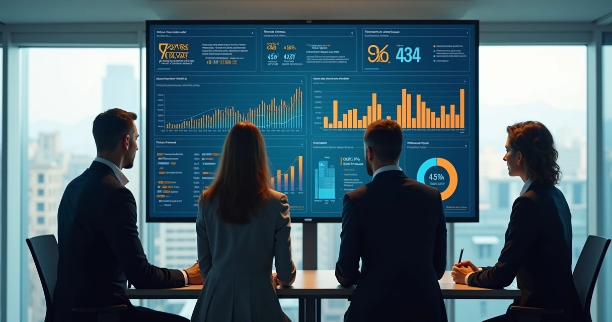 Equipe avaliando dashboards empresariais em sala moderna 