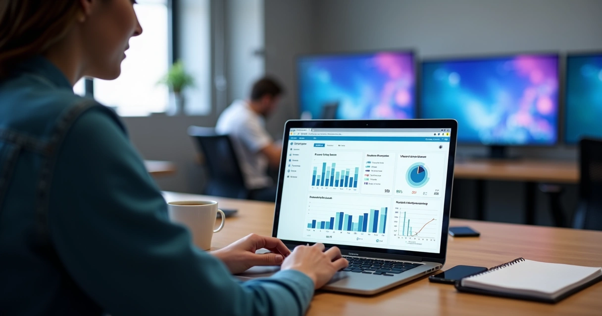 Profissional criando dashboard empresarial em Flutterflow na tela de um notebook 