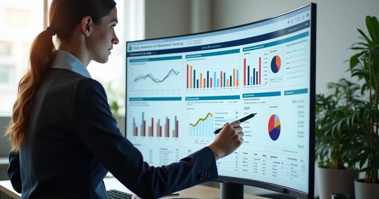 Dashboard empresarial com gráficos detalhados e indicadores de desempenho em tela de computador 
